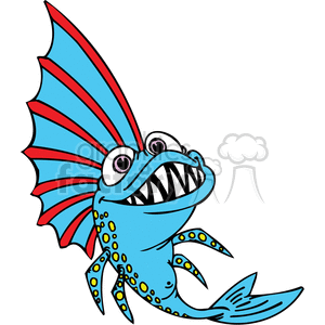 The image is a colorful cartoon clipart of a fish with prominent features including a large dorsal fin, big eyes, sharp teeth, and spotted skin. The fish is mainly blue, with red and lighter blue accents on the fins and yellow spots on its body.