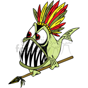 piranha in tribal head dress with spear