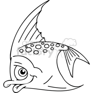 The clipart image shows a cartoon-style drawing of a fish that appears to have a humorous or amusing expression. Notable features of the fish include a large, prominent dorsal fin; round, bold eyes; and dotted patterns along its body. The fish seems to have a whimsical posture with a downturned mouth, giving it a playful character.