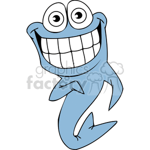 The image shows a cartoon dolphin depicted in a humorous and whimsical style, with exaggerated features such as large, googly eyes and an oversized, toothy grin. The dolphin appears to be standing upright, with fins that resemble arms and a slight bend at the tail section, giving it a playful posture.