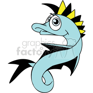 The clipart image features a stylized, cartoonish depiction of a fish with exaggerated and humorous features. The fish is light blue with a black outline, has a big eye with a spiral pattern, a wide-open mouth suggesting surprise or shock, and spiky dorsal fins that are yellow and black. The fish's body curves into a whimsical, coiled tail.