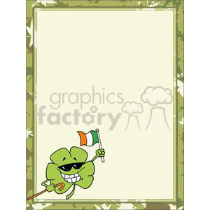 A clipart image featuring a cheerful, smiling four-leaf clover wearing sunglasses and holding an Irish flag. The background has a camouflage-style border with ample blank space in the center for text.