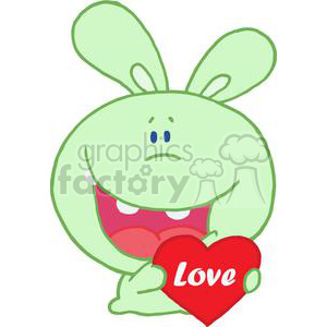 This cartoon is a light green rabbit in love holding a valentines day heart with the word 