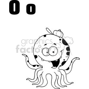 A black and white clipart image of a funny, cartoon octopus character wearing a small hat, with a happy expression. The letters 'O o' are displayed above the character.