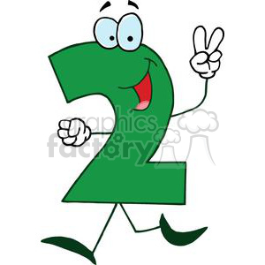 A green cartoon number two character with eyes and a mouth, making a peace sign with its hand.