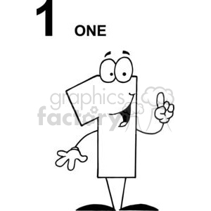 A black and white clipart image of the number one designed as a funny character with eyes and a mouth, holding up one finger. The word 'ONE' is displayed at the top.