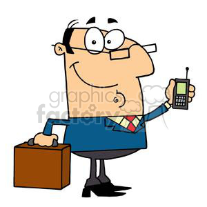 The clipart image features a cartoon of a funny character who is a businessman. He is wearing a blue suit jacket with a multicolor tie, black pants, and black shoes. He's carrying a brown briefcase in one hand and holding an old-fashioned mobile phone with an antenna in the other. He has a large smiling face with big eyes behind glasses and a single strand of hair on his head. 