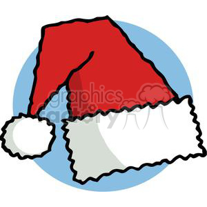 A comical illustration of a red Santa hat with a fluffy white trim and pom-pom, set on a blue circle background.