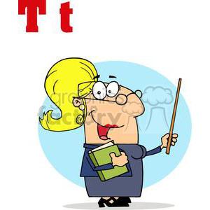 A cartoon image of a funny teacher character with glasses and a stick, holding a book.