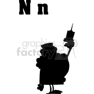 A silhouette of a cartoon character wearing a nurse's hat, holding a large syringe with the letters 'N n' above it.