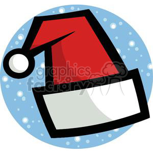 A festive clipart image of a Santa Claus hat on a blue background with white snowflakes.