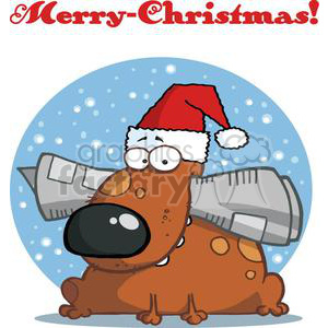 In this clipart image, we see a humorous character of a brown dog wearing a Santa hat. The dog has a large, black nose, big white eyes with a confused or surprised expression, and sticks out its tongue. Attached to the dog's back is a rocket or a jetpack, adding to the comedic effect. The background consists of a blue circle with falling snowflakes and the text Merry-Christmas! in a festive, script font at the top.