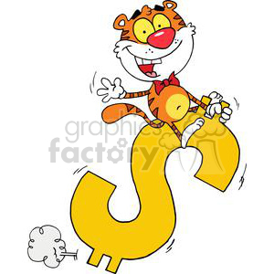 A humorous clipart illustration featuring a happy cartoon tiger wearing a red bow tie, riding on a large yellow dollar sign with motion lines indicating movement.