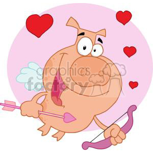 A humorous clipart image featuring a cartoon pig dressed as Cupid with wings, a bow, and heart-shaped arrows, surrounded by red hearts against a pink background.