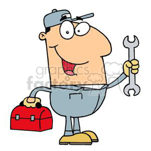 This clipart image depicts a cartoon character styled as a handyman or mechanic. The character has a cheerful expression with a wide-open mouth, possibly indicating a laugh or a friendly greeting. The character is wearing a grayish-blue pair of overalls with a pocket on the front, a white undergarment, and a backward-facing baseball cap with a pen or pencil tucked into it. In one hand, the character is holding a silver wrench, suggesting that he is prepared for work or repairs. In the other, he carries a red toolbox with a handle, which implies that he carries equipment for fixing or constructing things. The character's shoes are two-toned, with yellow at the front and a darker color (probably a dark gray or black) at the back, and they appear to be safety shoes typically worn by workers in manual labor fields.