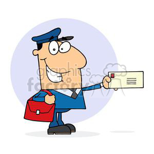 A postal carrier with a red mailbag, and passing an envelope to someone. He has a big smile on his face