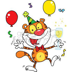 A festive tiger wearing a party hat and red bowtie, celebrating with balloons, confetti, and a drink.