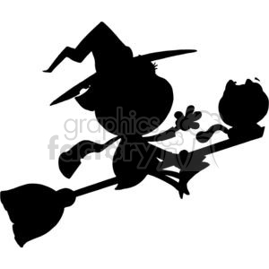   Cartoon Silhouette Little Witch and Black Cat Ride Broom 