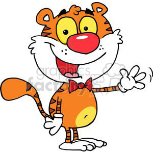 The image is a clipart depicting a funny, cartoonish tiger character. The tiger is standing upright and appears to be waving with one hand, with a friendly and happy expression on its face. The character has large, exaggerated eyes, a big red nose, a wide-open mouth with a visible tongue, and is wearing a red bow tie. The tiger's fur is orange with black stripes, and its belly is yellow. The tail is striped, and the character is wearing white gloves on its hands and feet.