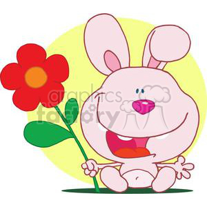 The clipart image depicts a pink cartoon rabbit holding a large red flower with a yellow center. The rabbit appears cheerful and is smiling widely. The background features a simple, soft yellow circle, suggesting a sunny environment.