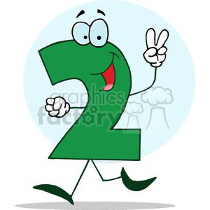 A funny cartoon character in the shape of the number two with a smiling face, walking pose, and showing a peace sign.