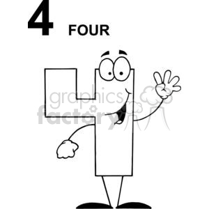 A cartoon character in the shape of the number four, featuring a smiling face and waving hand.