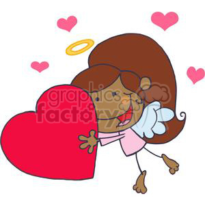 Cute stick figure cupid with wings and a halo, hugging a large red heart surrounded by smaller hearts.