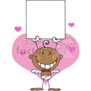 A cute and funny cupid stick figure character holding a blank sign with a big smile, surrounded by pink hearts.