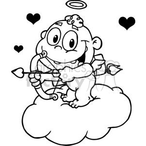 Cute Cupid with Bow and Arrow Flying With Hearts On A Cloud In Black And White