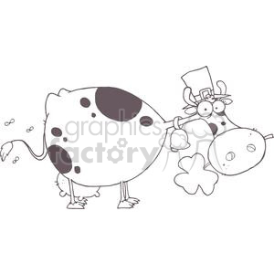 The clipart image depicts a humorous cartoon of a cow wearing a leprechaun hat and ringing a bell. The cow has black spots, and next to it is a four-leaf clover, a symbol often associated with good luck and St. Patrick's Day. The cow appears to be dancing or in motion, adding a playful and festive vibe in line with St. Patrick's Day celebrations.