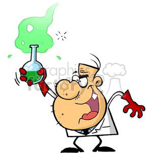   The clipart image depicts a caricatured mad scientist in a laboratory setting. The scientist appears somewhat grumpy with a large chin, a confident smirk, and one raised eyebrow, suggesting a mix of amusement and possible mischief. He