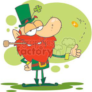 A cartoon leprechaun character with a red beard, wearing a green outfit and hat adorned with a clover, flipping a coin. The illustration is humorous and themed for St. Patrick's Day.