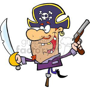 A humorous cartoon image of a pirate captain with a large hat featuring a skull and crossbones, holding a sword and a pistol, and wearing a mischievous expression.