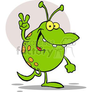 The image is a clipart of a cheerful cartoon alien. The alien is green with spots, has one large eye and one smaller eye, two antennae, and a wide mouth showing teeth with one missing. The alien is standing on one leg with the other bent, giving a peace sign with one hand, suggesting a friendly or playful attitude.