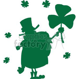 A humorous St. Patrick's Day silhouette featuring a leprechaun holding a large shamrock, surrounded by clovers.