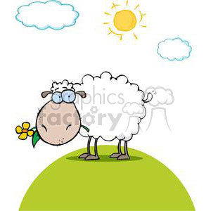 The image displays a cartoon sheep standing on a green hill. The sheep has a funny expression with oversized glasses, a thick woolly coat, and is holding a flower in its mouth. In the background, there are fluffy clouds and a bright yellow sun with rays extending outward, indicating a sunny day.