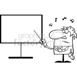   This clipart image depicts a cartoon character resembling a music professor or conductor. The character has a frazzled appearance, with messy hair and a slightly bewildered expression. He is holding a baton in his right hand, pointing towards a blank presentation board or music stand, suggesting he is ready to teach or conduct. Musical notes are floating in the air near his head, indicating the musical context. He