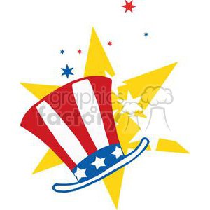 A clipart image of a red, white, and blue top hat with stars and stripes, resembling Uncle Sam's hat, on a background with yellow stars and smaller red and blue stars. The design is festive and patriotic, suitable for the 4th of July celebration.