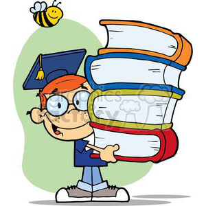 Cartoon boy in graduation cap holding a stack of books with a bee flying nearby.