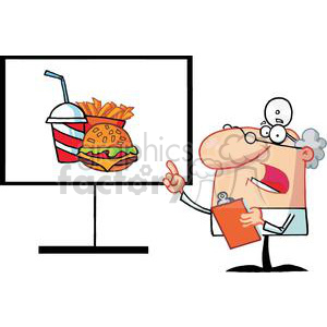 A cartoon doctor pointing to a screen with an image of fast food including a burger, fries, and a drink.