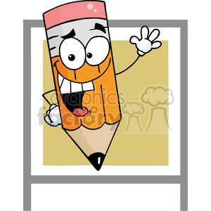 This is an image of a cartoon pencil character. The pencil is anthropomorphized with a friendly and funny expression, featuring big eyes, a wide smile, and a hand raised in a greeting gesture. It appears to be in a cheerful mood, representing a fun and engaging approach to school or educational themes.