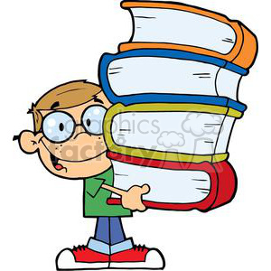 A cartoon child wearing glasses struggling to carry a tall stack of large school books.