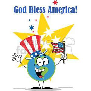 A cheerful cartoon Earth character wearing an American flag-themed hat and holding the USA flag, with the text 'God Bless America!' above. Stars and colorful elements in the background.