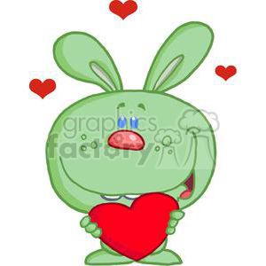 The clipart image depicts a funny green cartoon Easter bunny holding a large red heart. The bunny has exaggerated facial features, including big blue eyes and a pink nose; it appears to be smiling. Around the bunny, there are small red hearts floating in the air, suggesting a theme of love or affection.