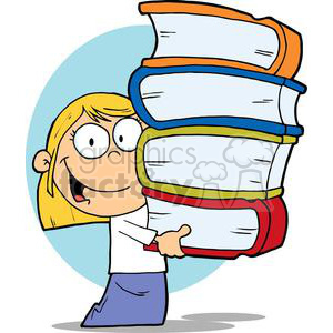 A cartoon illustration of a child smiling while carrying a large stack of books, representing the theme of education and reading.