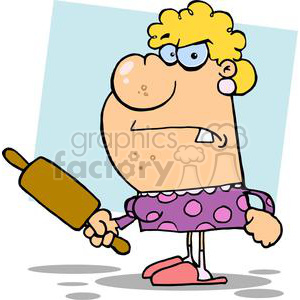 The clipart image shows a cartoonish figure with exaggerated facial features, holding a rolling pin in one hand. The character has curly yellow hair, a big nose with speckles, and is wearing what looks like a purple apron or outfit with pink polka dots. This figure also has one blue earring, and appears to be standing in a somewhat sassy pose with one hand on the hip. Their expression is one of slight annoyance or impatience.