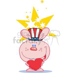 This is a clipart image of a whimsical, light pink bunny rabbit holding a large red heart lovingly. The bunny has a cute, surprised expression, with rosy cheeks and two blue eyes. On its head, it wears a patriotic top hat adorned with the American flag motif, featuring red and white stripes and a blue band with white stars. The background includes yellow star shapes of various sizes, suggesting a festive or celebratory atmosphere.