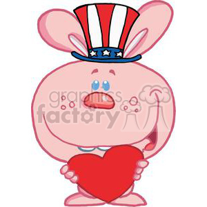   This clipart image features a whimsical, cartoon-style bunny with a humorous expression, holding a large red heart lovingly. The bunny is wearing a patriotic top hat adorned with the American flag pattern of stars and stripes in red, white, and blue. The bunny