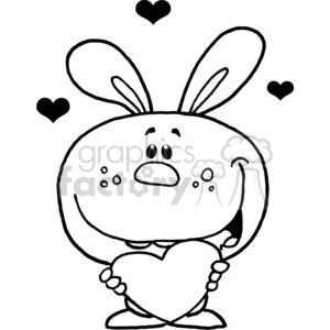 This is a black and white clipart image of a whimsical cartoon bunny holding a heart, with smaller hearts floating above it. The bunny has a cute and funny expression, with exaggerated big eyes and a slightly puzzled or shy look. It appears to be standing upright like a human and is holding a large heart in front of it with its paws.