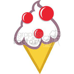 The image shows a stylized cartoon of an ice cream cone. At the top, there's a generous scoop of what appears to be vanilla ice cream with three red cherries on top. The ice cream scoop has purple outlines, and the cone has a classic waffle texture in a yellowish color suggesting a crisp texture.